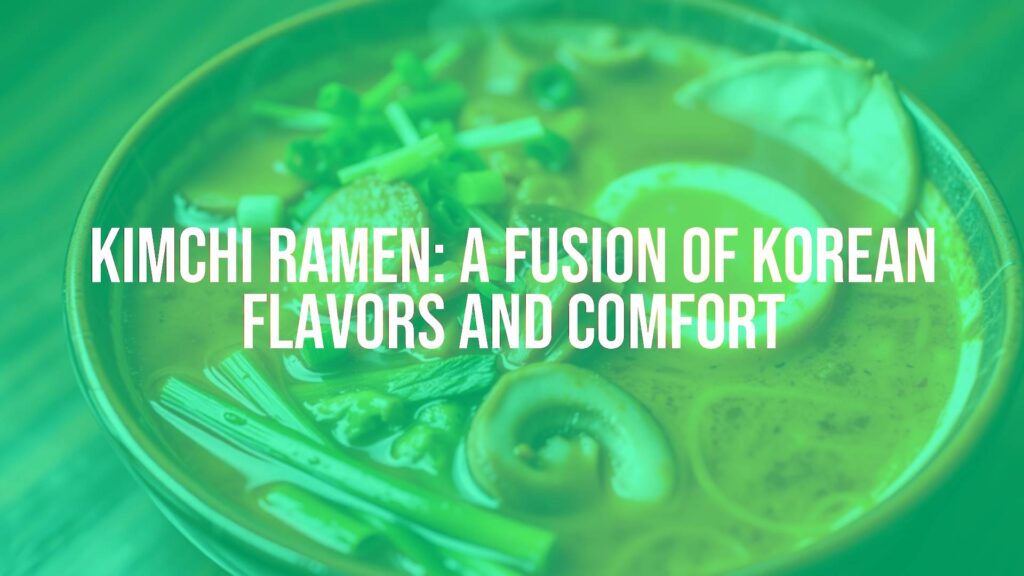 A steaming bowl of kimchi ramen with vibrant red broth, topped with green onions, mushrooms, and a soft-boiled egg, realistic.