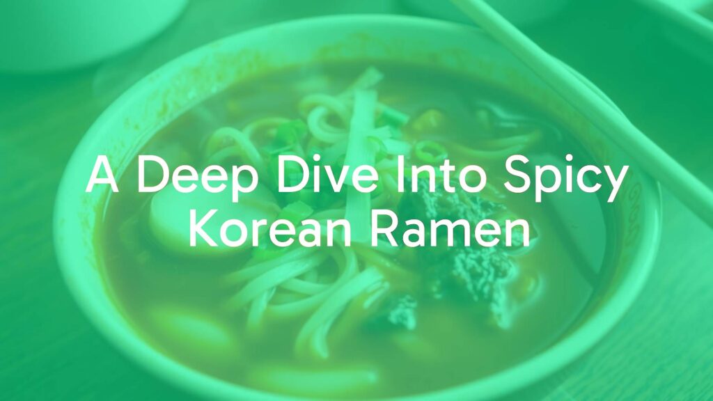 A steaming bowl of spicy Korean ramen with vibrant red broth, chewy noodles, sliced scallions, and a chopstick resting on the rim, realistic food photography.