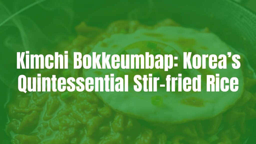 A sizzling hot pan of kimchi bokkeumbap, vibrant red and orange hues from kimchi and gochugaru, topped with a sunny-side-up egg and sliced scallions, steam rising, appetizing and rich, realistic food photography.