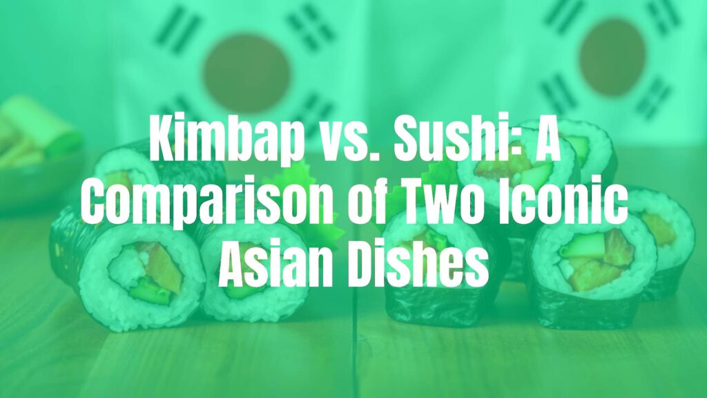 Side-by-side comparison of kimbap and sushi rolls on a wooden table, Korean and Japanese flags subtly in the background, vibrant colors, realistic food photography.