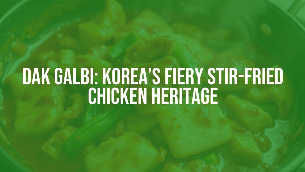 Spicy Korean dak galbi sizzling in a hot pan, vibrant red gochujang sauce, surrounded by chicken, vegetables, and rice cakes, lively and appetizing, realistic.