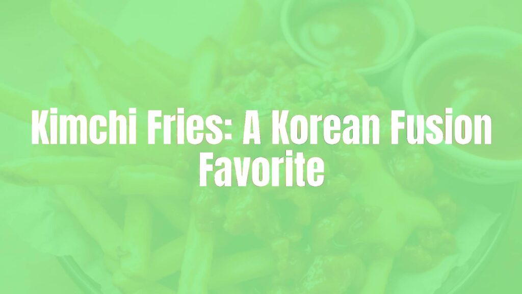 Golden crispy French fries topped with spicy kimchi, melted cheese, and gochujang sauce, vibrant colors, food photography style.